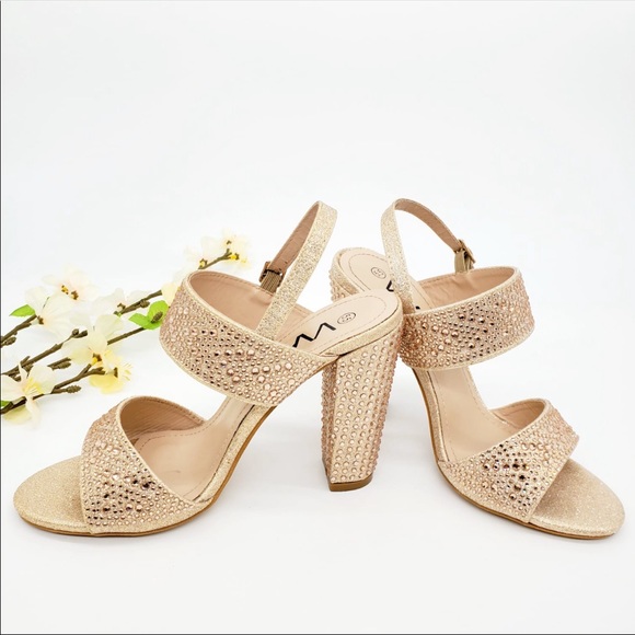 Champagne Block Heel Sandal Ankle Strap with Rhinestones - Picture 3 of 3